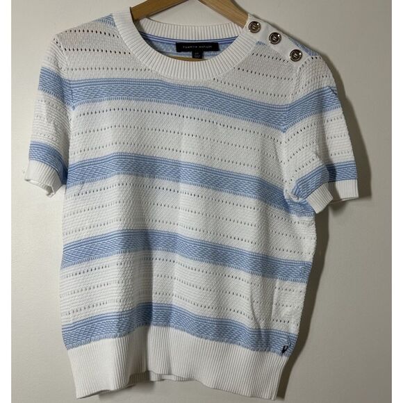 Tommy Hilfiger 100% Cotton Blue and White Striped Crewneck Short Sleeve Sweater - Picture 1 of 4